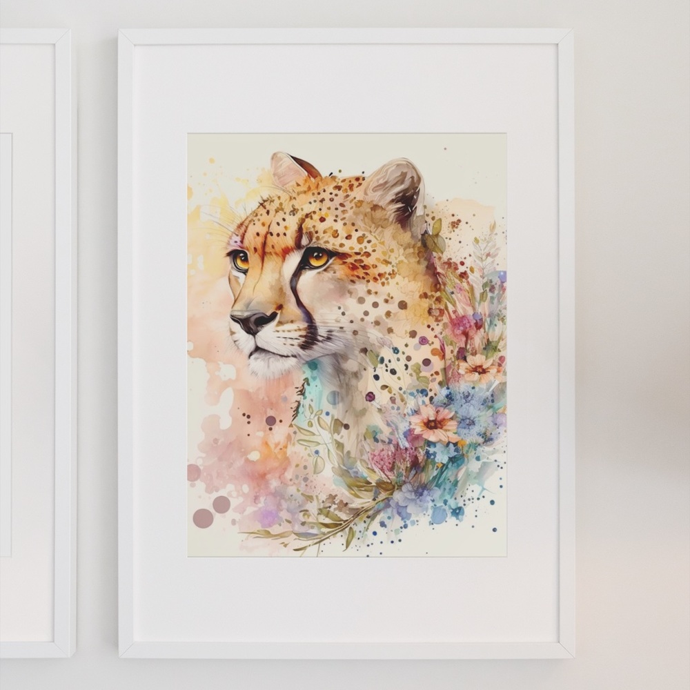 Cute Floral Cheetah Watercolor Wall Art Illustration Print Poster Card Unframed - Picture 8 of 8